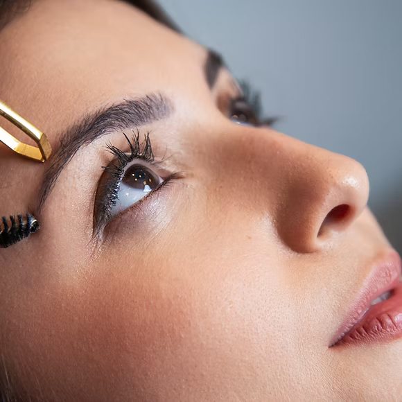 Close-up of a brow and lash line after a lift and tint.